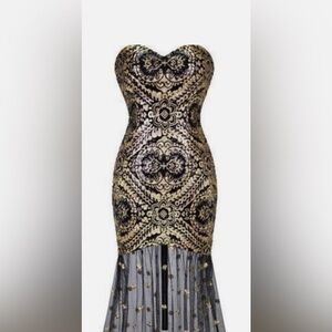 Mermaid Sheer Gold Black Gatsby 1920s Style Dress